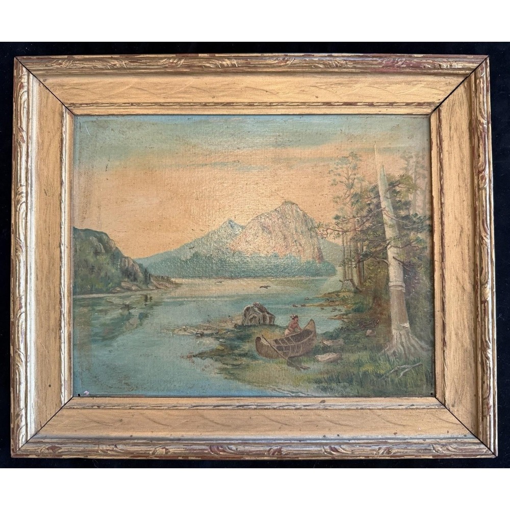 Late-1800s Antique Oil Painting – Indigenous Canoe Scene, Original Frame